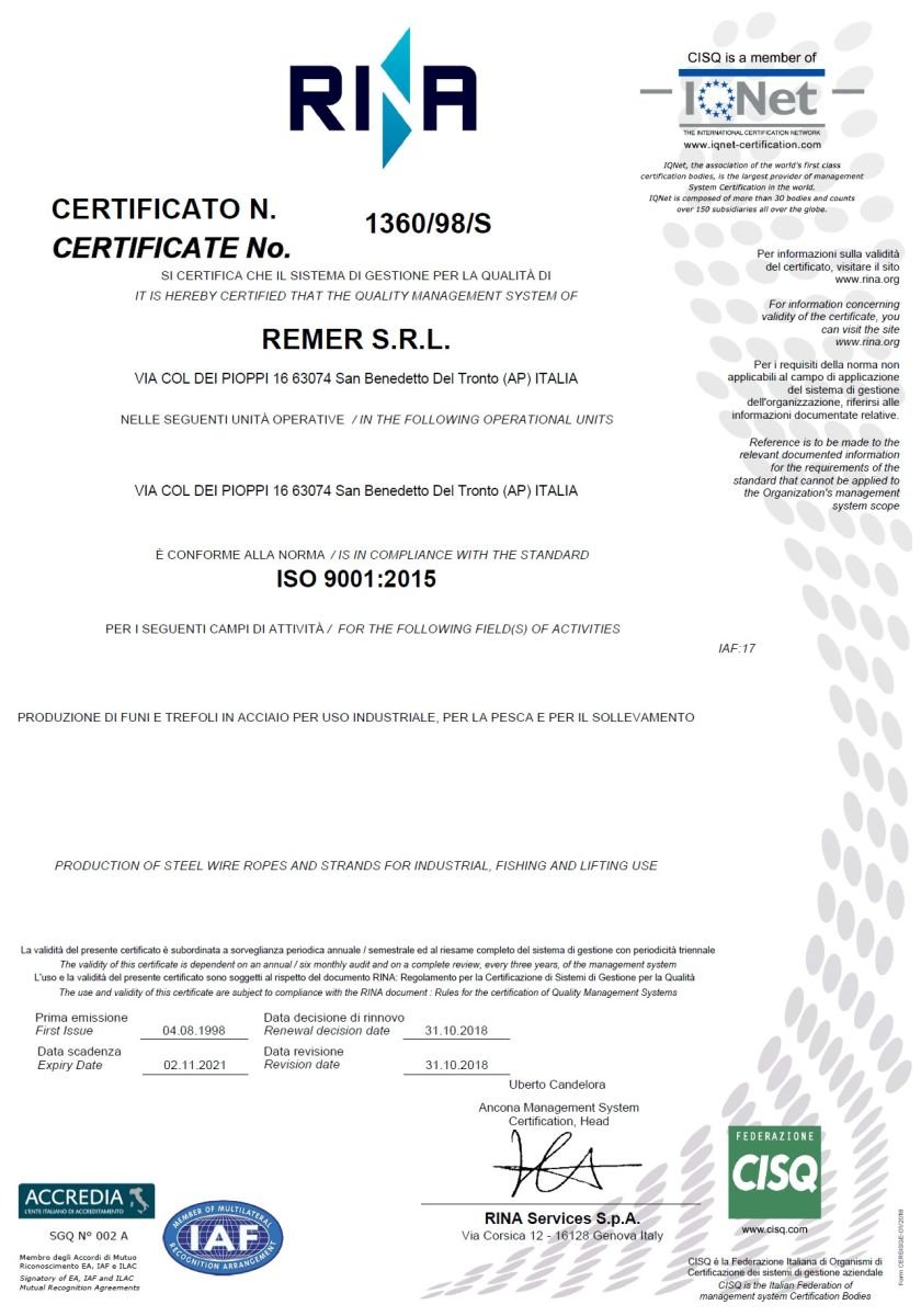 CERTIFICATS REMER ROPE